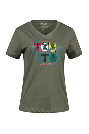 2AS ALONE BASKILI V YAKA KADIN T-SHİRT 403