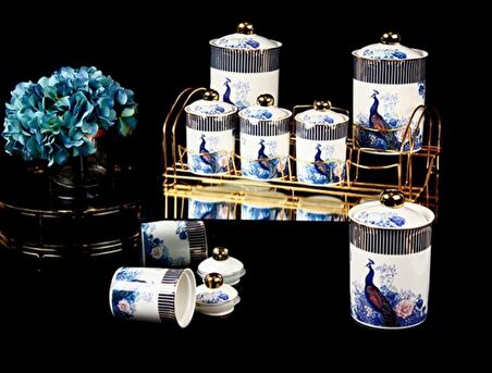 Sembol Peacock Tavus Kuşu 8 Parça Standlı Porselen Baharat Takımı PUREBONE-123