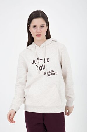 defy's KADIN BASKILI KAPÜŞONLU SWEATSHIRT EKRU - XS