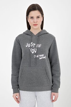 defy's KADIN BASKILI KAPÜŞONLU SWEAT ANTRASİT - XL