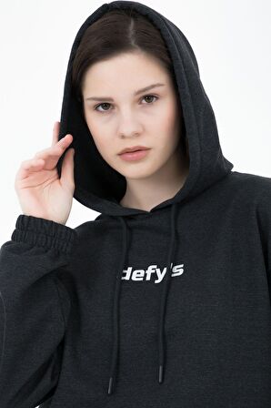 defy's KADIN BASKILI KAPÜŞONLU CROP SWEAT ANTRASİT - M