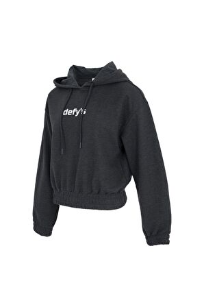 defy's KADIN BASKILI KAPÜŞONLU CROP SWEAT ANTRASİT - L