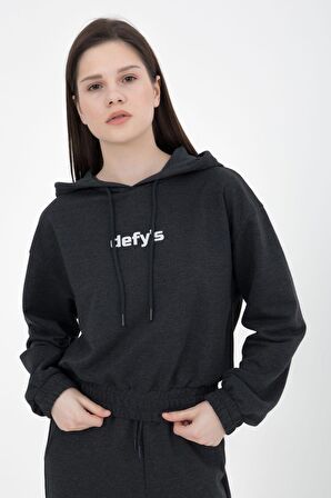 defy's KADIN BASKILI KAPÜŞONLU CROP SWEAT ANTRASİT - L