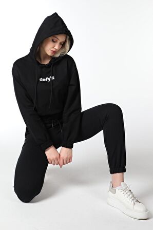 defy's KADIN BASKILI KAPÜŞONLU CROP SWEAT SİYAH - XS