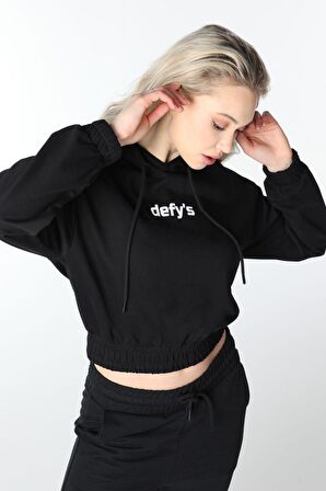 defy's KADIN BASKILI KAPÜŞONLU CROP SWEAT SİYAH - XS