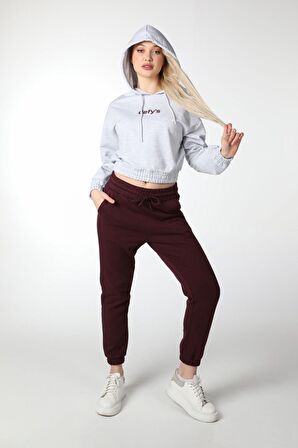 defy's KADIN BASKILI KAPÜŞONLU CROP SWEAT GRİ - M