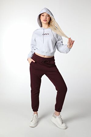 defy's KADIN BASKILI KAPÜŞONLU CROP SWEAT GRİ - L