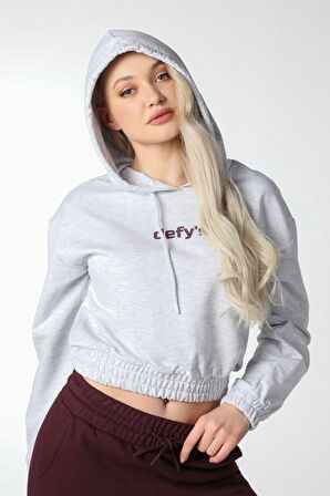 defy's KADIN BASKILI KAPÜŞONLU CROP SWEAT GRİ - L