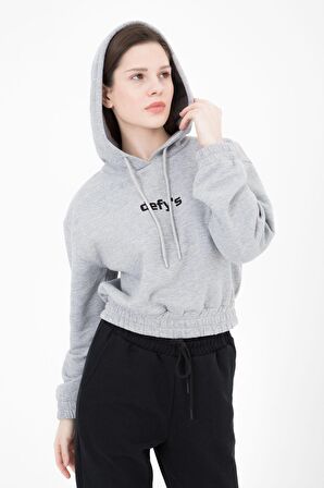 defy's KADIN BASKILI KAPÜŞONLU CROP SWEATSHIRT GRİ - M