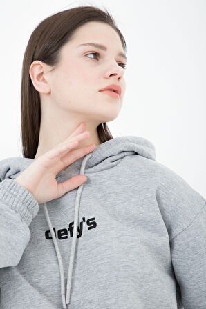 defy's KADIN BASKILI KAPÜŞONLU CROP SWEAT GRİ - L