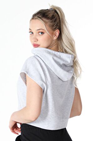 defy's KADIN BASKILI KAPÜŞONLU CROP SWEATSHIRT KAR MELANJ - XS