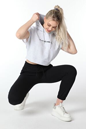 defy's KADIN BASKILI KAPÜŞONLU CROP SWEATSHIRT KAR MELANJ - L