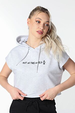 defy's KADIN BASKILI KAPÜŞONLU CROP SWEATSHIRT KAR MELANJ - L