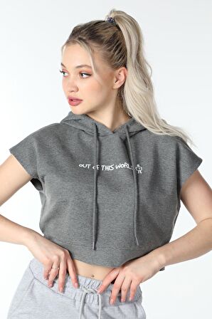 defy's KADIN BASKILI KAPÜŞONLU CROP SWEATSHIRT K.GRİ - S