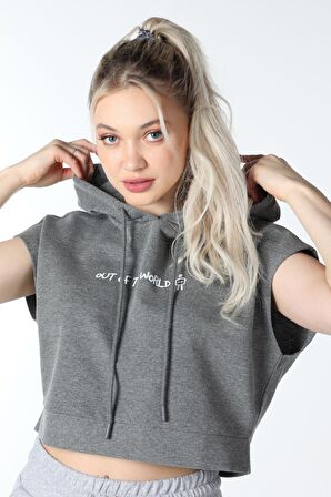 defy's KADIN BASKILI KAPÜŞONLU CROP SWEATSHIRT K.GRİ - S