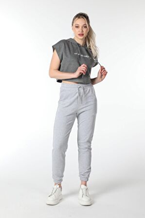 defy's KADIN BASKILI KAPÜŞONLU CROP SWEATSHIRT K.GRİ - M