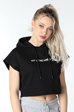 defy's KADIN BASKILI KAPÜŞONLU CROP SWEATSHIRT SİYAH - XL