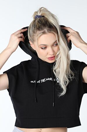 defy's KADIN BASKILI KAPÜŞONLU CROP SWEATSHIRT SİYAH - XL