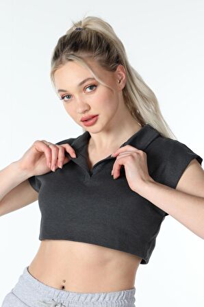 defy's KADIN YAKA DETAYLI CROP ANTRASİT - XL