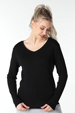 defy's KADIN UZUN KOLLU V YAKA TİŞÖRT SİYAH - L