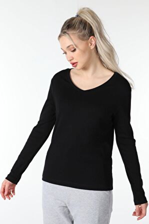 defy's KADIN UZUN KOLLU V YAKA TİŞÖRT SİYAH - L