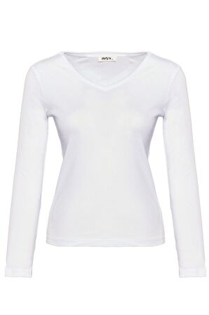 defy's KADIN UZUN KOLLU V YAKA TİŞÖRT BEYAZ - XL