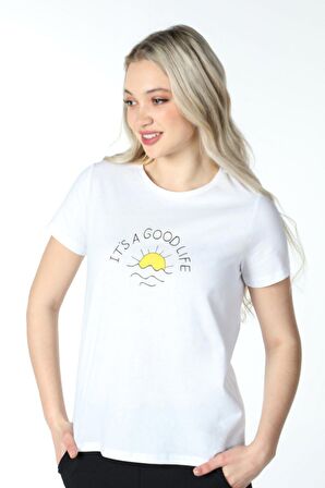 defy's KADIN BASKILI KISA KOLLU BİSİKLET YAKA TİŞÖRT BEYAZ - S