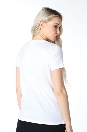 defy's KADIN BASKILI KISA KOLLU BİSİKLET YAKA TİŞÖRT BEYAZ - S