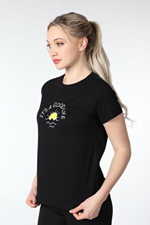 defy's KADIN BASKILI KISA KOLLU BİSİKLET YAKA TİŞÖRT SİYAH - XL
