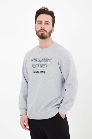 defy's ERKEK BASKILI UZUN KOLLU BİSİKLET YAKA SWEATSHIRT GRİ - S