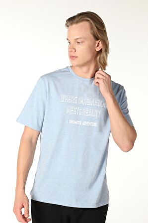 ERKEK BASKILI KISA KOLLU BİSİKLET YAKA TİŞÖRT MAVİ - M