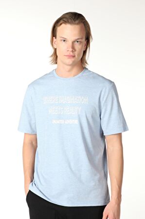 ERKEK BASKILI KISA KOLLU BİSİKLET YAKA TİŞÖRT MAVİ - M