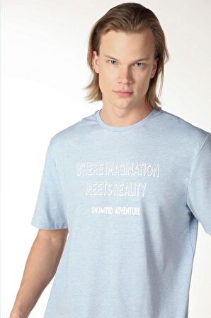 ERKEK BASKILI KISA KOLLU BİSİKLET YAKA TİŞÖRT MAVİ - M