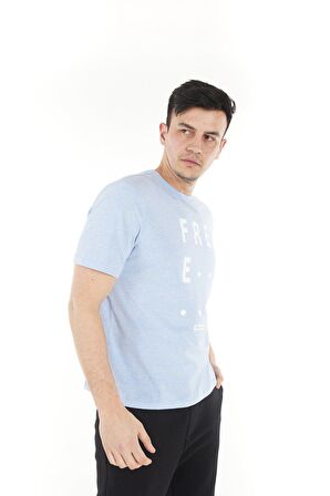 ERKEK BASKILI KISA KOLLU BİSİKLET YAKA TİŞÖRT MAVİ - XL