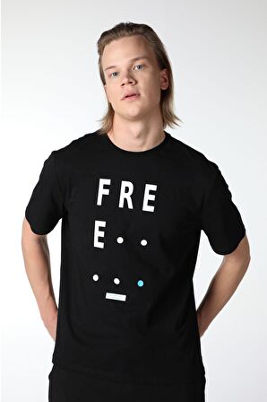 ERKEK BASKILI KISA KOLLU BİSİKLET YAKA TİŞÖRT SİYAH - S