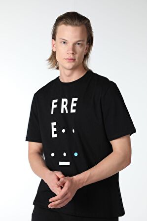 ERKEK BASKILI KISA KOLLU BİSİKLET YAKA TİŞÖRT SİYAH - M