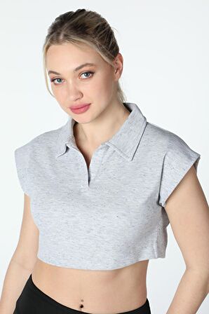 defy's KADIN YAKA DETAYLI CROP KIRÇILLI GRİ - XL