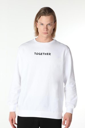 defy's ERKEK BASKILI UZUN KOLLU BİSİKLET YAKA SWEATSHIRT BEYAZ - S