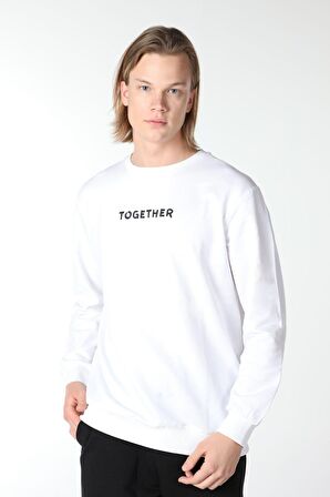 defy's ERKEK BASKILI UZUN KOLLU BİSİKLET YAKA SWEATSHIRT BEYAZ - XL