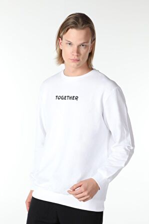 defy's ERKEK BASKILI UZUN KOLLU BİSİKLET YAKA SWEATSHIRT BEYAZ - XL