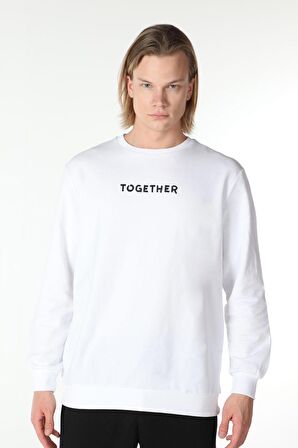 defy's ERKEK BASKILI UZUN KOLLU BİSİKLET YAKA SWEATSHIRT BEYAZ - XXL