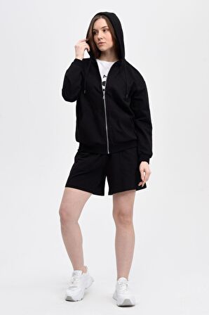 defy's KADIN KAPÜŞONLU FERMUARLI OVERSIZE SWEATSHIRT SİYAH - S