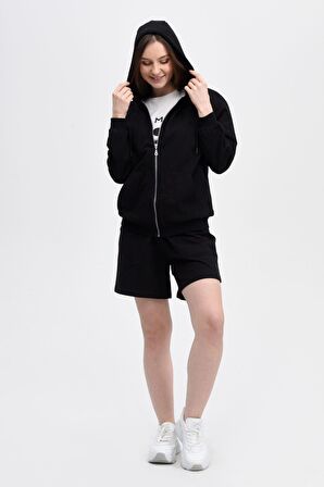 defy's KADIN KAPÜŞONLU FERMUARLI OVERSIZE SWEATSHIRT SİYAH - XL