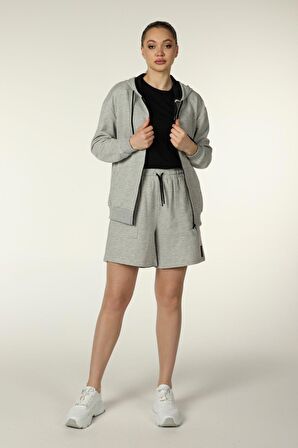 defy's KADIN KAPÜŞONLU FERMUARLI OVERSIZE SWEATSHIRT GRİ MELANJ - L