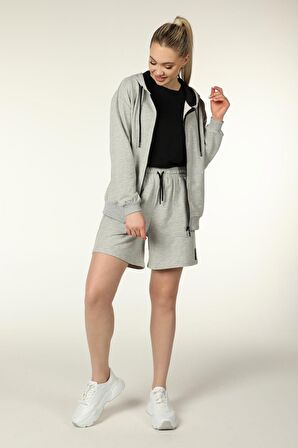 defy's KADIN KAPÜŞONLU FERMUARLI OVERSIZE SWEATSHIRT GRİ MELANJ - L