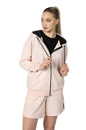 defy's KADIN KAPÜŞONLU FERMUARLI OVERSIZE SWEATSHIRT PEMBE MELANJ - L