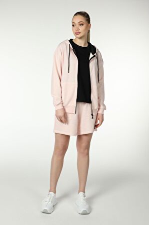 defy's KADIN KAPÜŞONLU FERMUARLI OVERSIZE SWEATSHIRT PEMBE MELANJ - L
