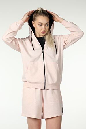 defy's KADIN KAPÜŞONLU FERMUARLI OVERSIZE SWEATSHIRT PEMBE MELANJ - L