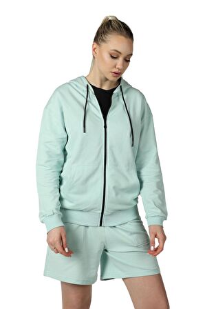 defy's KADIN KAPÜŞONLU FERMUARLI OVERSIZE SWEATSHIRT SU YEŞİLİ - M