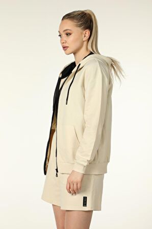 defy's KADIN KAPÜŞONLU FERMUARLI OVERSIZE SWEATSHIRT BEJ - XS